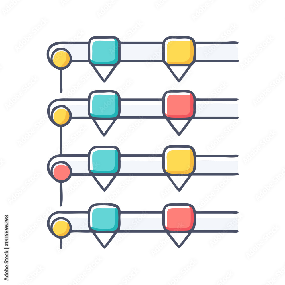 Poster colorful illustrated workflow diagram with connected shapes and pointers on the left