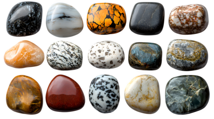 Collection of stones in various shapes and sizes isolated on white background