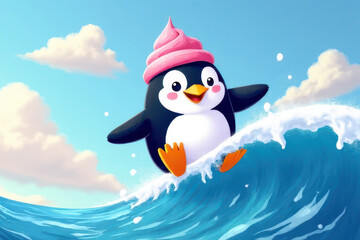 Cute Penguin Cartoon Riding Ice Cream Wave: Colorful Kids Book Illustration of Magical Dessert Ocean Scene