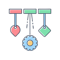 Colorful geometric shapes suspended with a gear at the bottom of the image