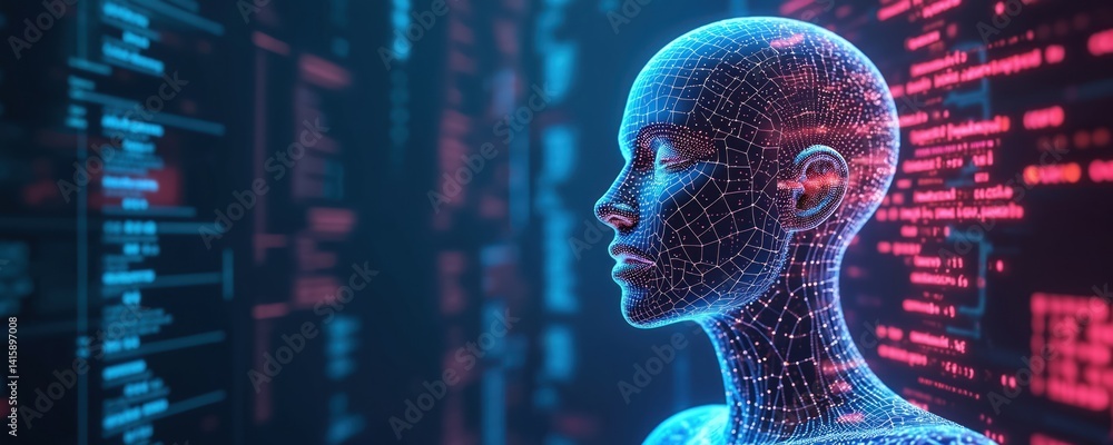 Poster ai-generated illustration. digital human head with glowing lines, coding data background. artificial