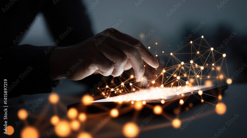 Poster man working on tablet with glowing network nodes and symbols