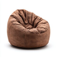 A brown beanbag chair on a white background in studio lighting