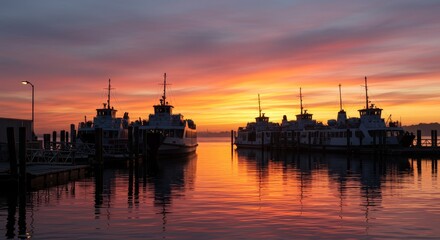 Serene Sunset at the Ferry Terminal - Three ferries docked at a terminal during a vibrant sunset. Calm water reflects the warm colors of the sky