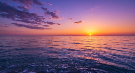 Naklejka premium Serene Sunset Over the Calm Sea - Peaceful ocean sunset, vibrant colors, tranquil waves, golden sun, serene atmosphere. Symbolizing peace, hope, tranquility, beauty, and renewal