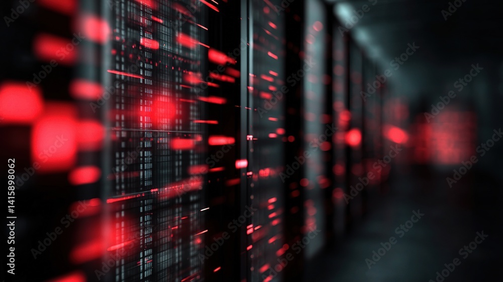 Poster red flashing alerts signaling cybersecurity breach in data center