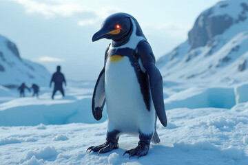 Fototapeta premium Futuristic Robot Penguin Patrolling Arctic Research Station: Cinematic Sci-Fi Landscape Midjourney Render