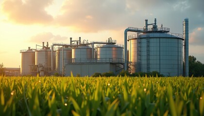 Biogas plant facility transforms organic waste into eco-friendly renewable energy. Industrial units, energy storage tanks, production facility in landscape. Clean energy source, green environment,