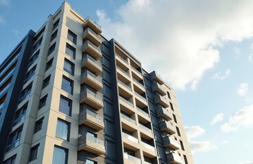 Modern residential apartment building against blue sky with clouds. New construction architecture, exterior design. Urban environment, real estate concept, property for sale, housing for residents,