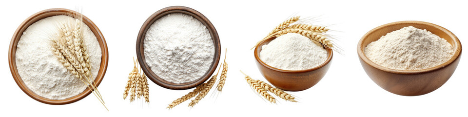 Bowl of wheat flour Isolated on transparent background. PNG , Set of
