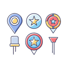 Diverse icons of location pins and push pins in a cartoonish style