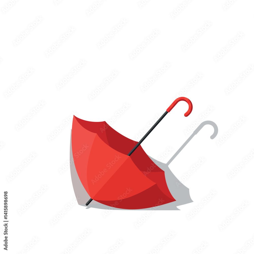 Poster red umbrella with curved handle lying open on flat surface in minimal vector art illustration