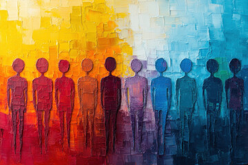 People standing in front of bright yellow background, holding a coffee cup, chatting, all looking at a painting with curious expressions.