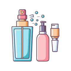 Assortment of colorful beauty products including a perfume, lotion and concealer