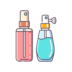 Two bottles of colorful perfume and liquid for personal hygiene products