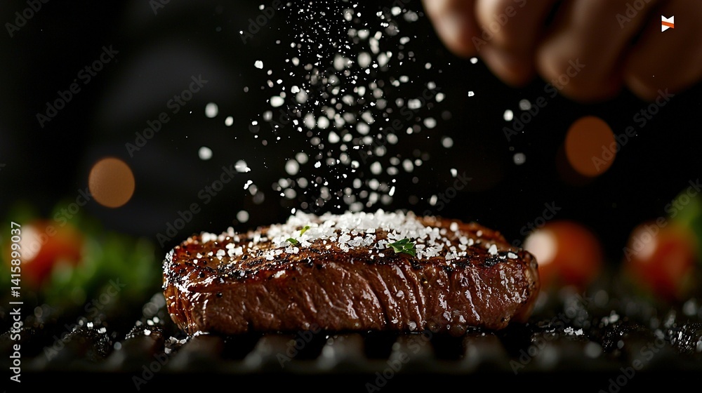 Poster an image shows a person adding salt to a steak on a dark surface with tomatoes in the background