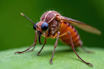 Fototapeta premium Close-Up Mosquito on Leaf: Blood-Filled Body, Intricate Wings & Mirror Eyes in Nature