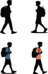 Set of 4 Teenager Walking Silhouettes with Backpack &ndash; Casual Full Body Vector Collection