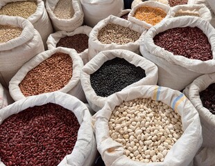 Assortment of beans, lentils, and grains in large white fabric sacks at an open-air market . variety of lentils