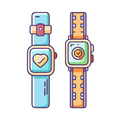 Two Cartoon Smartwatches with Health Monitoring Features and Fitness Tracking Tools