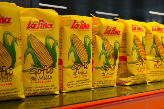 Gofio - Canarian flour made from roasted grains (wheat or certain varieties of maize) or other starchy plants. Packages of gofio flour on the store shelf. Las Palmas, Gran Canaria - July 12 2024