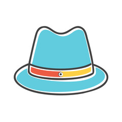 Stylized Blue Fedora Hat with Colorful Band and Simple Design