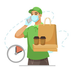 Delivery courier in green outfit and face mask holding coffee and food packages, flat style, white background. Concept of contactless delivery. Vector illustration