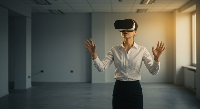 Woman experiences virtual reality using headset in empty space. Businesswoman interacting with virtual world. Future technology for training, education, and corporate events.