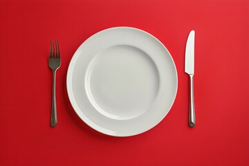 Elegant Table Setting With Empty White Plate and Silver Cutlery on Red Background
