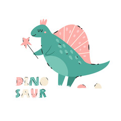 Funny cartoon dinosaur in hand drawn playful style. Adorable prehistoric design perfect for prints, posters, t-shirts, decor.