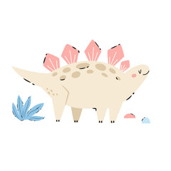 Funny cartoon stegosaurus dinosaur in hand drawn playful style. Adorable prehistoric design perfect for prints, posters, t-shirts, decor.