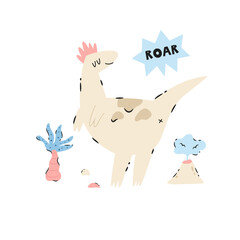 Funny cartoon dinosaur in hand drawn playful style. Adorable prehistoric design perfect for prints, posters, t-shirts, decor.