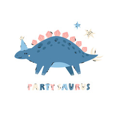 Funny cartoon dinosaur stegosaurus in a party hat with colorful confetti, paired with the playful text. Cute and festive prehistoric design perfect for kids birthday cards, party invitations, posters