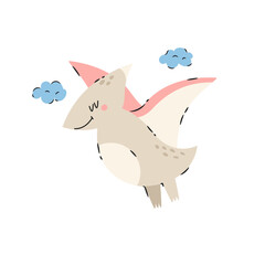 Funny cartoon pterodactyl dinosaur in hand drawn playful style. Adorable prehistoric design perfect for prints, posters, t-shirts, decor.