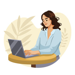 Woman freelancer typing on laptop at round table, flat style, light background with leaves. Concept of remote work in cafe. Vector illustration