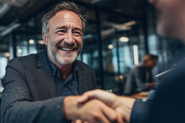 A smiling business man shaking hands with another person in the office