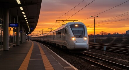Fototapeta premium Sunrise Train Departure - Modern high-speed train departing station at sunrise. Scenic view of train tracks and platform