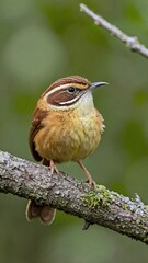 Naklejka premium A carolina wren perched on a tree branch