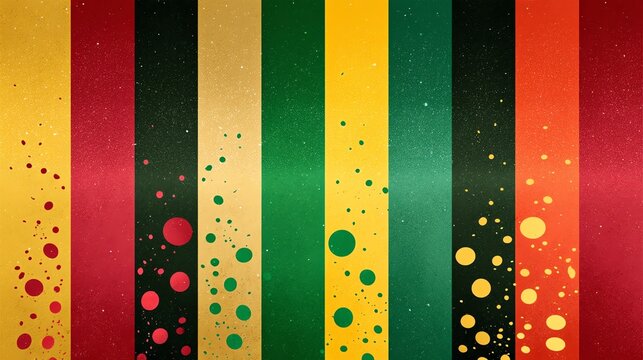 Rastafarian Colors: Bold, vertical stripes of green, gold, and red,Abstract Textured Background with Vertical Stripes and Paint Splatter