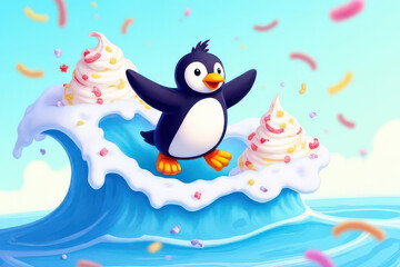 Obraz premium Colorful Cartoon Penguin Surfing Melting Ice Cream Wave: Cheerful Kids-Friendly Fantasy Art Design