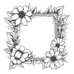 Black and White Illustration of a Square Frame Surrounded by Flowers - Graphic Element for Nature, Decoration, or Design Themes