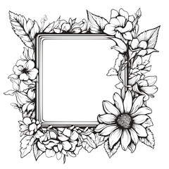 Obraz premium Black and White Illustration of a Square Frame Surrounded by Flowers - Graphic Element for Nature, Decoration, or Design Themes