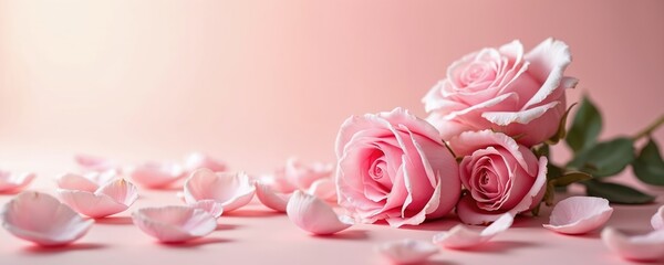 Fototapeta premium Close-up view of pink roses with petals on pastel background. Floral design for romance, love, valentine, wedding, celebration, mother day, birthday cards.