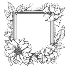 Fototapeta premium Black and White Illustration of a Square Frame Surrounded by Flowers - Graphic Element for Nature, Decoration, or Design Themes