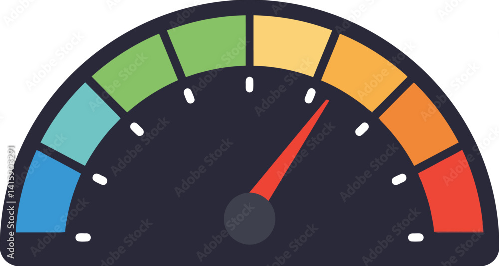 Poster colorful speedometer gauge with red needle pointing to high level in flat minimal style vector illus