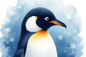 Naklejka premium Watercolor Penguin Portrait: Dreamy Snowflakes & Artistic Textures in High-Res Midjourney Style