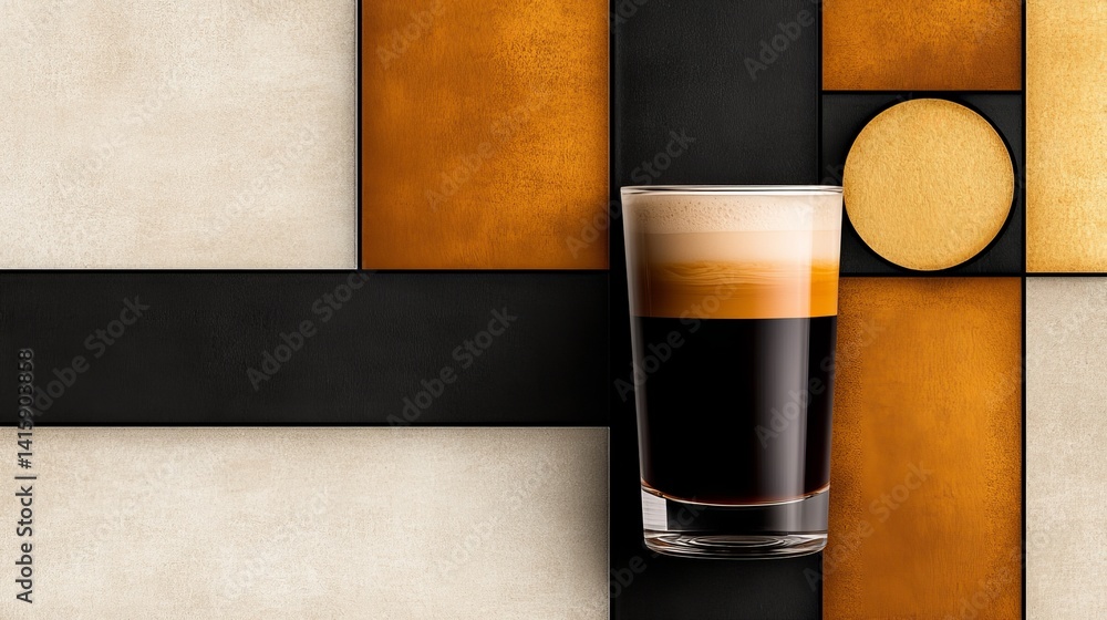 Aufkleber espresso stands tall in a clear glass displaying visible layers against a geometric background of ne