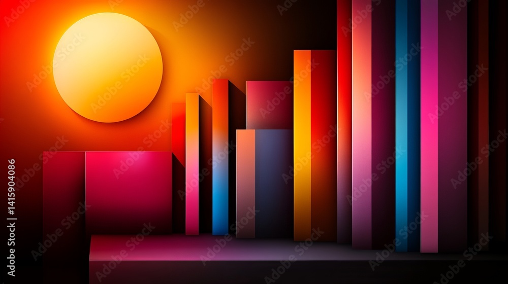 Poster geometric shapes in vibrant colors create an abstract background, casting soft shadows in the dark s