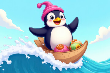Naklejka premium Playful Cartoon Penguin Rides Ice Cream Wave: Colorful Kids Illustration