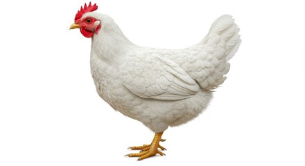 Fototapeta premium White Chicken Isolated on White Background - A single white hen standing, isolated on a pure white background. Perfect for poultry, farming, or food related projects